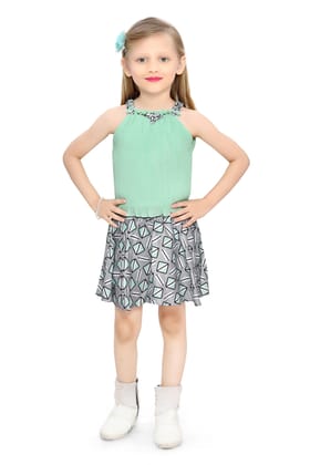 Be:Kids Enchanted Summer Green Pleated Tank Top and Printed Skater Skirt Set