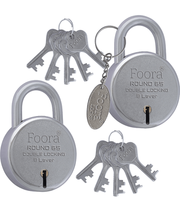 Set of 2 Foora Round 65mm padlocks with 10 keys and 1 keychain, featuring heavy-duty metal body, rust-resistant finish, and smooth double locking for doors and gates.