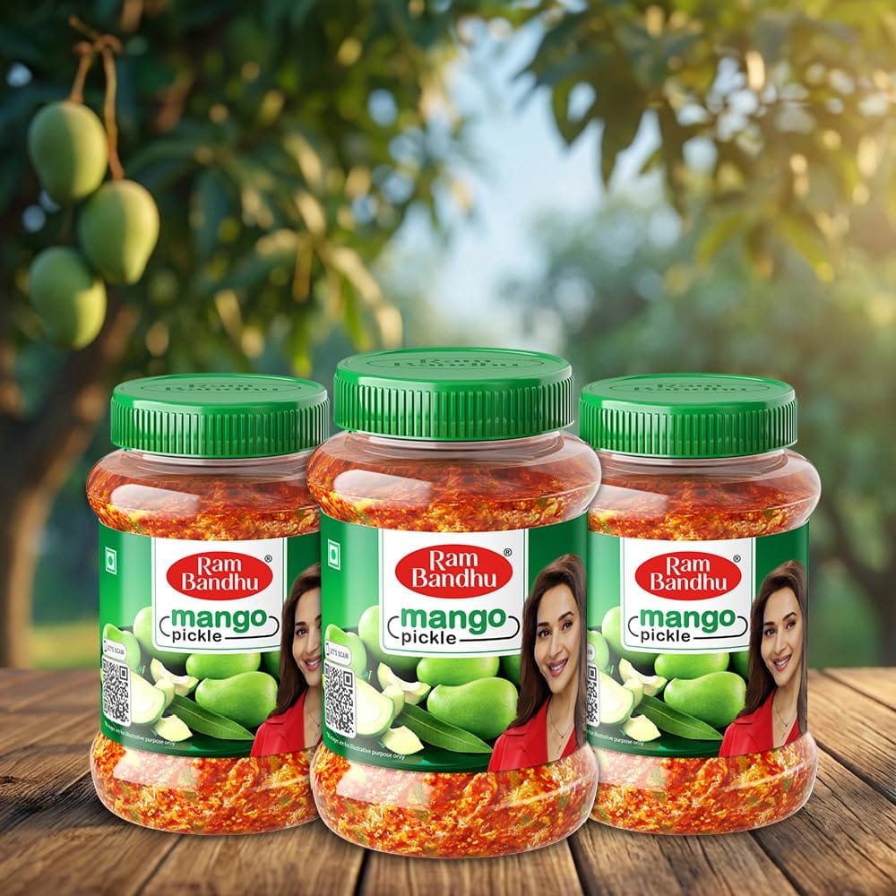 Ram Bandhu Mango Pickle 200gm X 3 Pack | Ready to Eat, Green Mango with Turmeric, Chilli Powder, Fenugreek Seeds, Mustard, Salt and Oil (Pack of 3)
