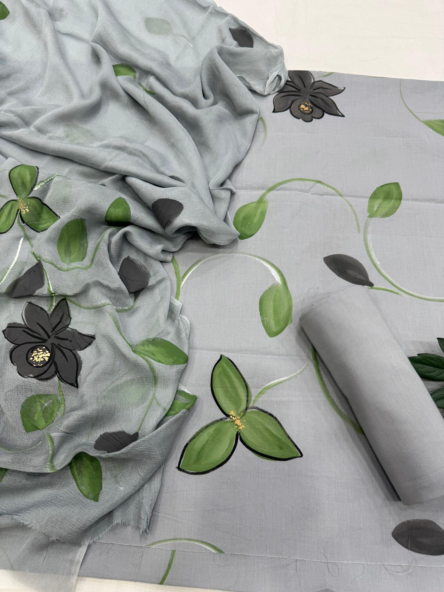 Hand Painted Cotton Suit With Chiffon Dupatta