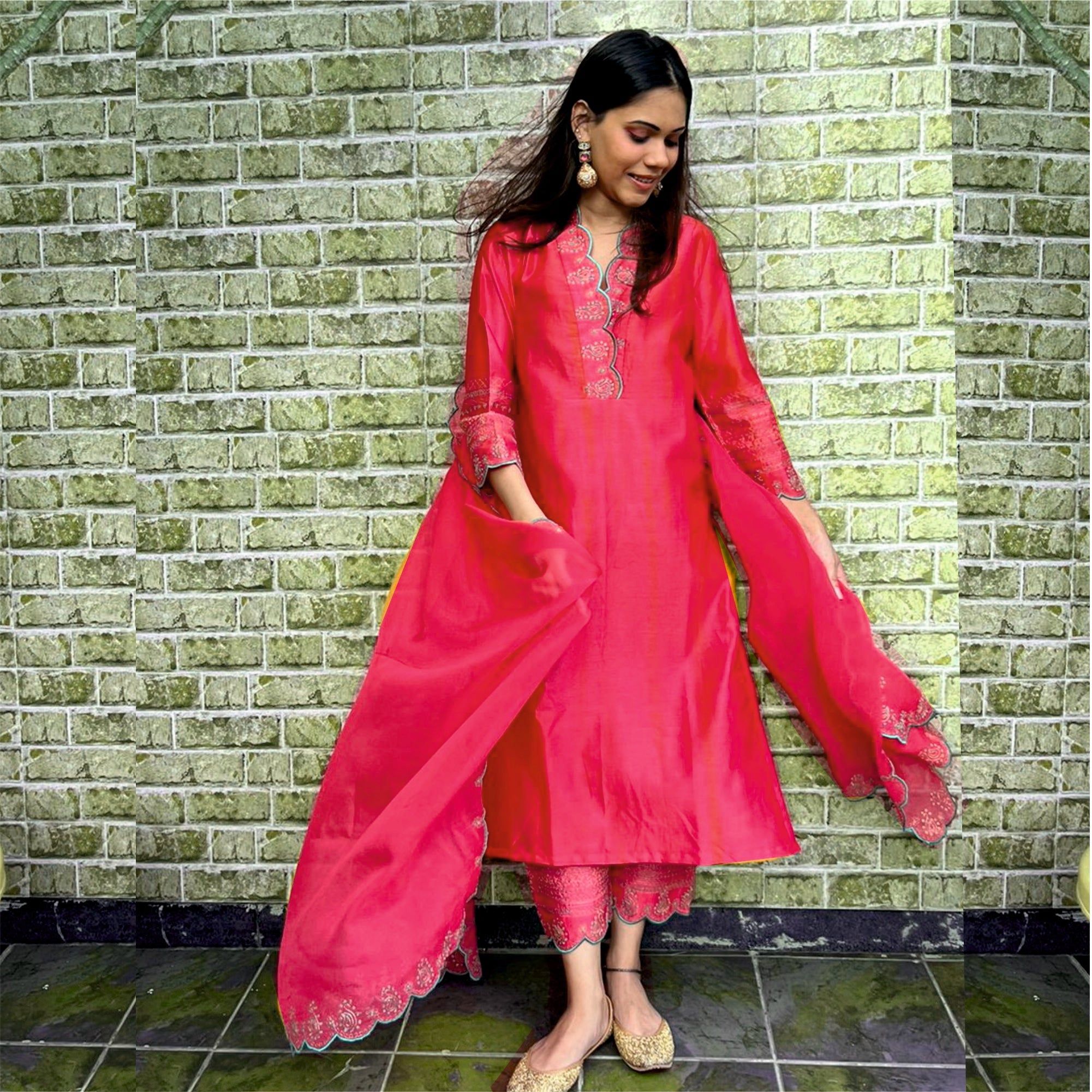 Chanderi embroidered set with organza dupatta-XS