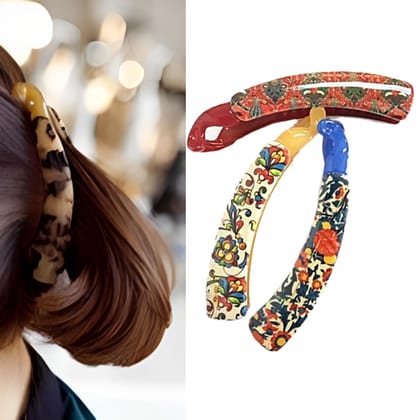 BIRDWARE Big Size Multi Color Imported Rubber Acrylic Material Stone Banana Hair Clips For Women (Multi Colour) | Hair Clutchers (Pack Of 3 Printed) BIRDWARE Big Size Multi Color Imported Rubber Acrylic Material Stone Banana Hair Clips For Women (Multi C