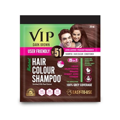 VIP Hair Colour Shampoo Brown, 20ml | Ammonia-Free Hair Color for Men and Women | Pack of 12 VIP Hair Colour Shampoo Brown, 20ml | Ammonia-Free Hair Color for Men and Women | Pack of 12 - 180 ml (Pack of 1)