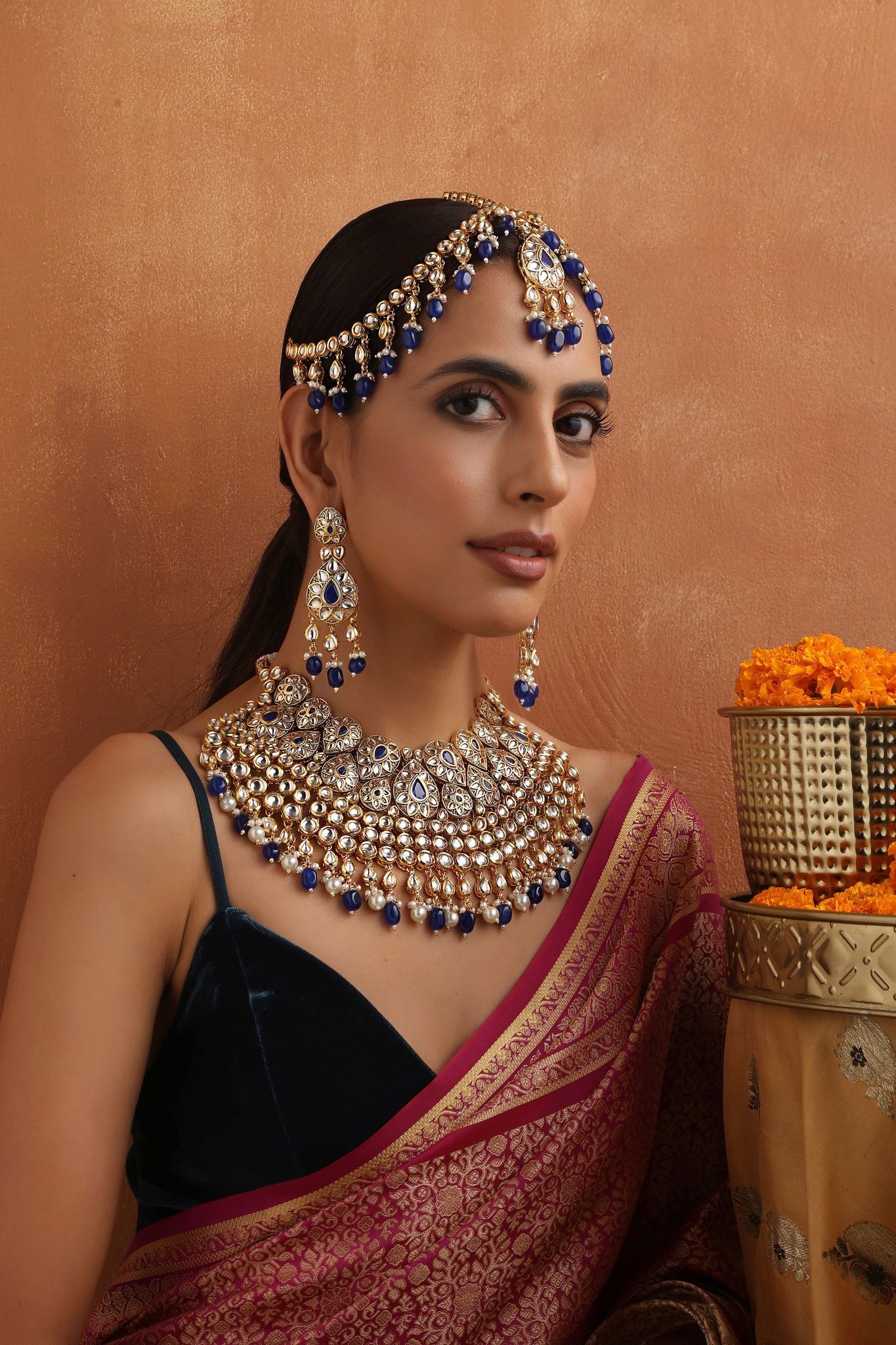 Latika Blue Kundan Necklace Set with Matha Patti-Kundan