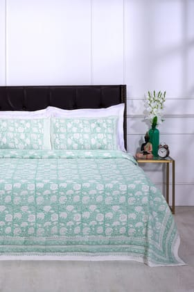 Poonam Bagh Block Printed Cotton Quilted Turquoise Bedcover-Double: 90 x 108 in / Turquoise / Turquoise