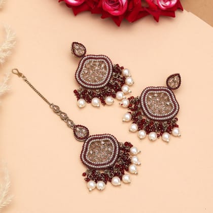 Maroon Color Pakistani Kundan Earrings With Maang Tikka (KDTE591MRN)-Default Title / maroon / Alloy with Good Quality Mehendi Gold Plated