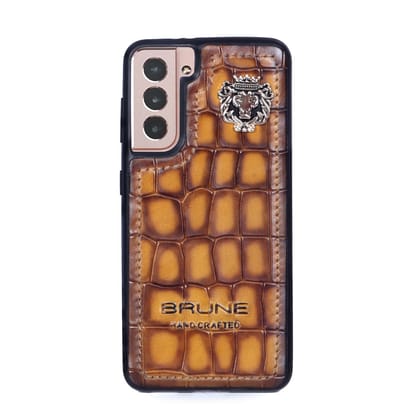 Smokey Tan Samsung S Series Deep Cut Leather Mobile Cover With Metal Lion Logo-S21