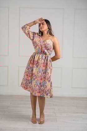 One Shoulder Printed Midi Dress-XS