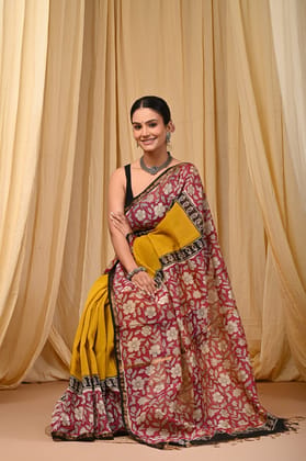 Hand block printed chanderi silk Sarees with blouse AB