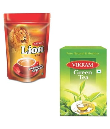 Vikram Lion Dust 1 Kg Assam Tea Powder  +Green Tea 100 gm Pack of 2