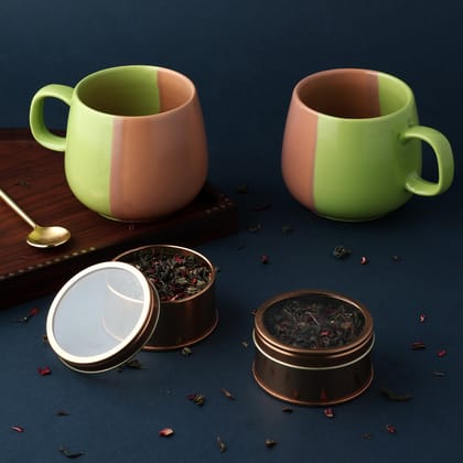 Tea Cups with Hibiscus Mint Green Teas (40 gms) Gift Set-Tin Jars , Tea , Ceramic / Tea Tin - 2.5 inches x 1.4 inches | 20 gm x 2; Cup 200 ml x 2; Gift Box