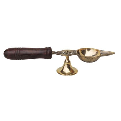 Brass Table Decor Oil Lamp Deepak With Wooden Handle  - Handmade Brass Diya for Puja Room, Height : 2 Inch (FMAS363 E)