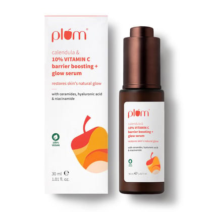 Plum 10% Vitamin C & Calendula Barrier Boosting + Glow Serum 30ml | With 3% Niacinamide, 1% Hyaluronic acid & 1% Ceramide complex | Clinically proven to reduce pigmentation & dark spots in 14 days | Boosts glow from 1st use | Men & Women | For all skin t