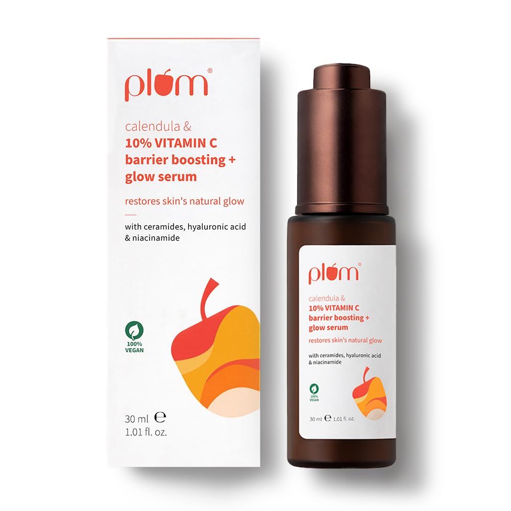 Plum 10% Vitamin C & Calendula Barrier Boosting + Glow Serum 30ml | With 3% Niacinamide, 1% Hyaluronic acid & 1% Ceramide complex | Clinically proven to reduce pigmentation & dark spots in 14 days | Boosts glow from 1st use | Men & Women | For all skin t