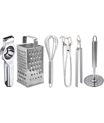 OC9 Silver Stainless Steel Lemon+8in1 Grater+Whisk+Pakkad+Chimta+Masher ( Set of 6 )