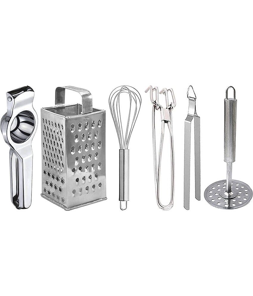 OC9 Silver Stainless Steel Lemon+8in1 Grater+Whisk+Pakkad+Chimta+Masher ( Set of 6 )