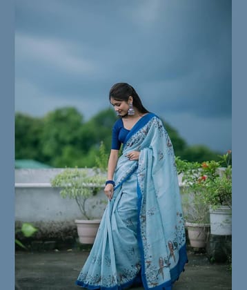 Villagius Cotton Printed Maheshwari Saree With Unstitched Blouse Piece ( Light Blue )