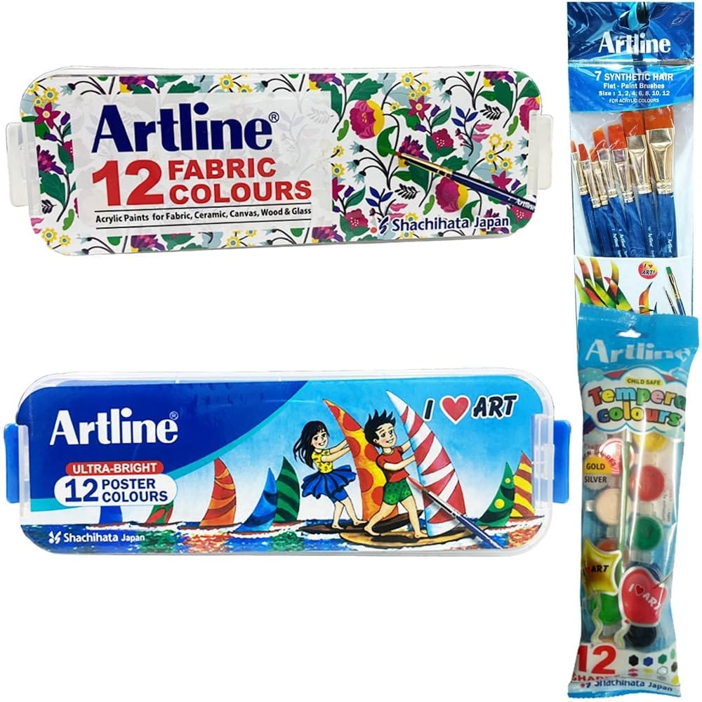 Artline Combo Pack of Poster Colours Set of 12, Fabric Colours Set of 12, Tempra Colours Set of 12 and Paint Brush Synthtic Round (No: 0,2,4,6,8,10,12)
