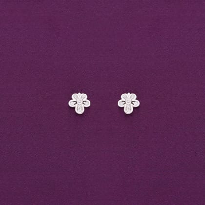 Simple Floral Silver Stud Earrings-White Stone / Silver