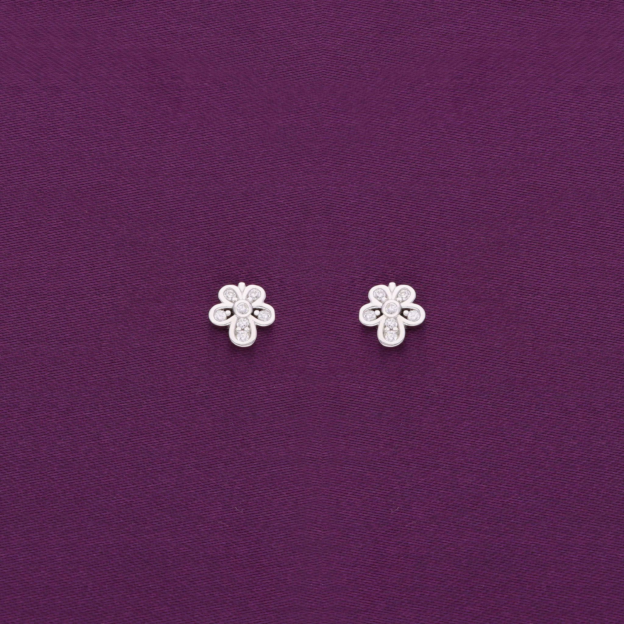 Simple Floral Silver Stud Earrings-White Stone / Silver