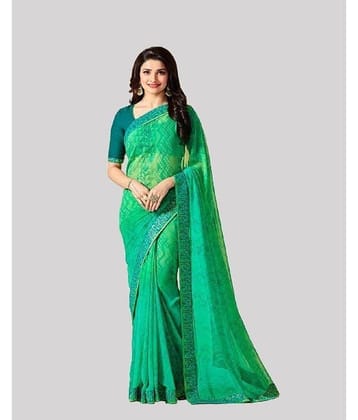 Gazal Fashions Georgette Printed Saree With Unstitched Blouse Piece ( Green )