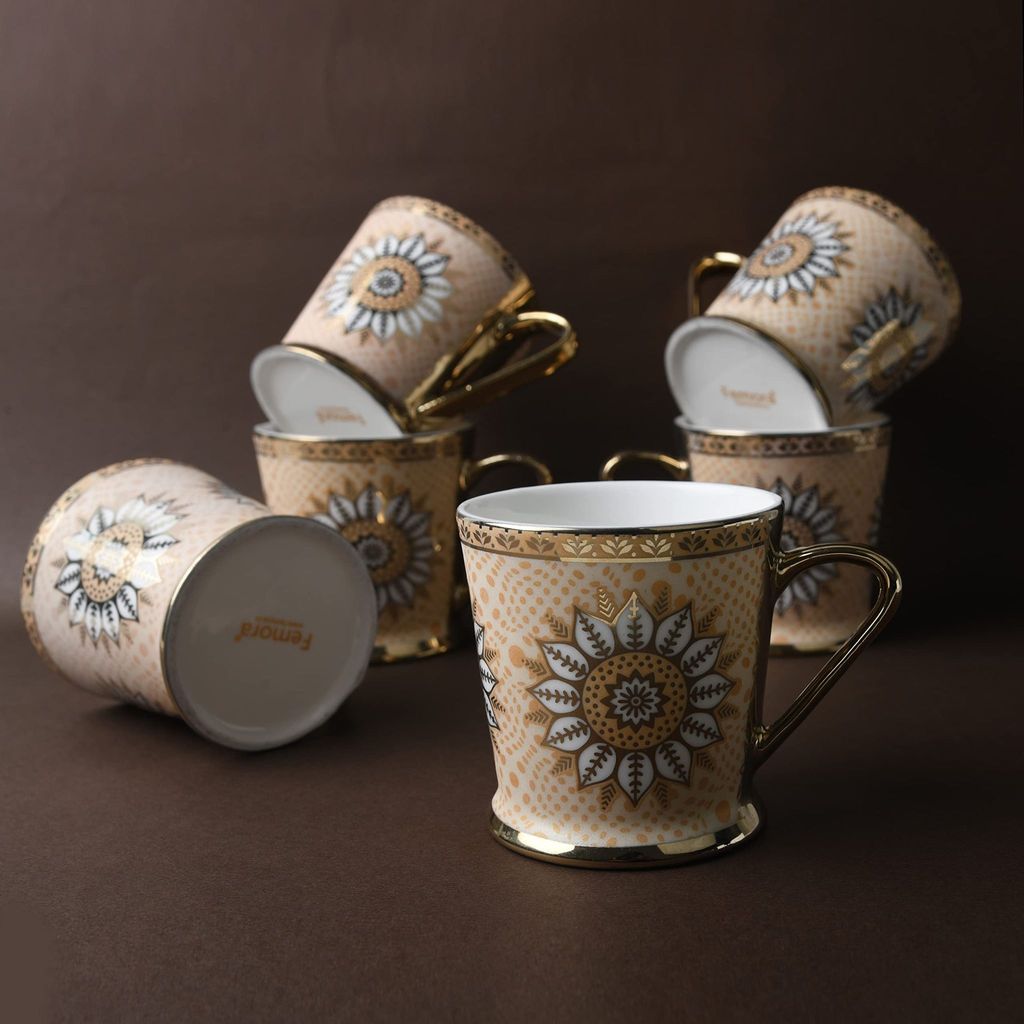 Femora Lotus Pattern with Golden Handle Golden Tea Mugs, Ceramic Tea Cups, Coffee Mugs (180 ml, Golden) - 6 Pcs Set