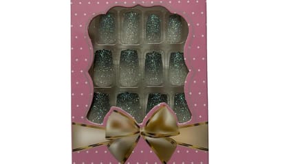 Kucai Beauty Press-On Nails, 12 Pieces, Blue Ombre Glitter, Medium Square Full Cover Fake Nails, Shimmer Design, Reusable Stick-On Nail Tips for Women and Girls (Green)