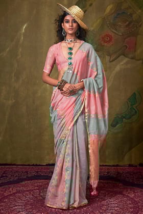 Pink and Grey Pure Spun Cotton Rangkat Silk Saree