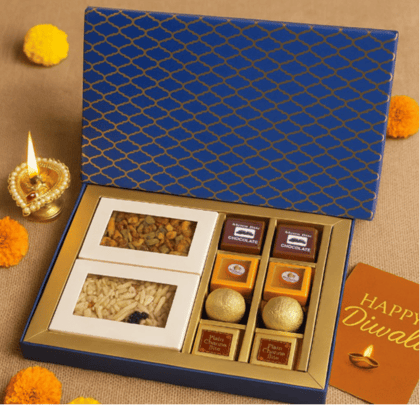 Ghasitaram's Diwali Gift Hamper Bites + Namkeen 400g, Card and Puja Thali