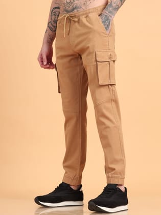 Men Cotton Regular Fit Cargo Joggers, KHAKI-Khaki / 32