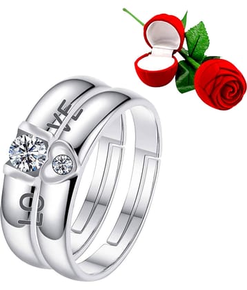 Silver Plated Adjustable Couple Rings Set for lovers Ring with 1 Piece Red Rose Gift Box  for Men and Women