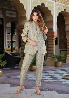 Golden Brocade Printed Coat with Pant-XS