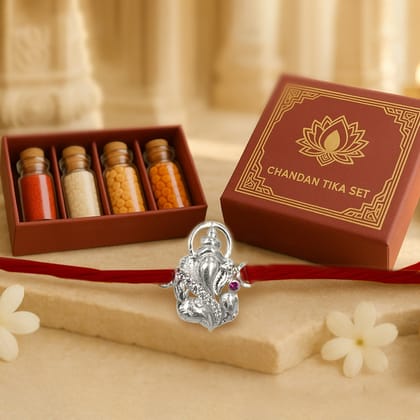 Pure 92.5 Sterling Silver Ganpati Rakhi with Chandan Tilak Set