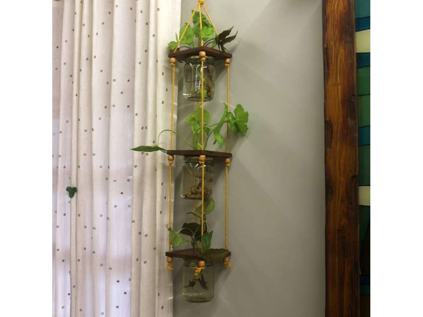 BARISH - Set of 3 Hanging Glass Jar Planters | Hanging 3 Jar Planter Handcrafted with Rubberwood | Hanging Glass Planters for Indoor and Outdoor - Walnut