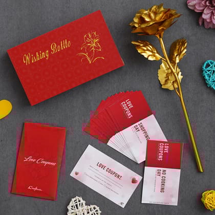 Valentine Combo of Pack of 12 Love Coupons Gift Cards Set, Golden Rose Gift Set, Red Message Bottle Wooden Box Set
