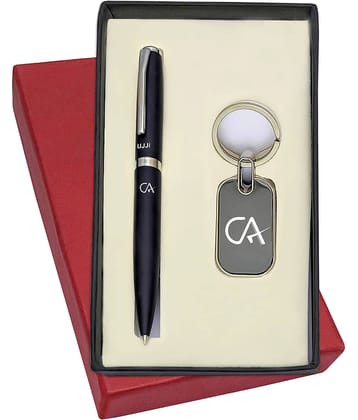 UJJi CA Logo Engraved Matte Finish Black Colour Ballpen and Keychain
