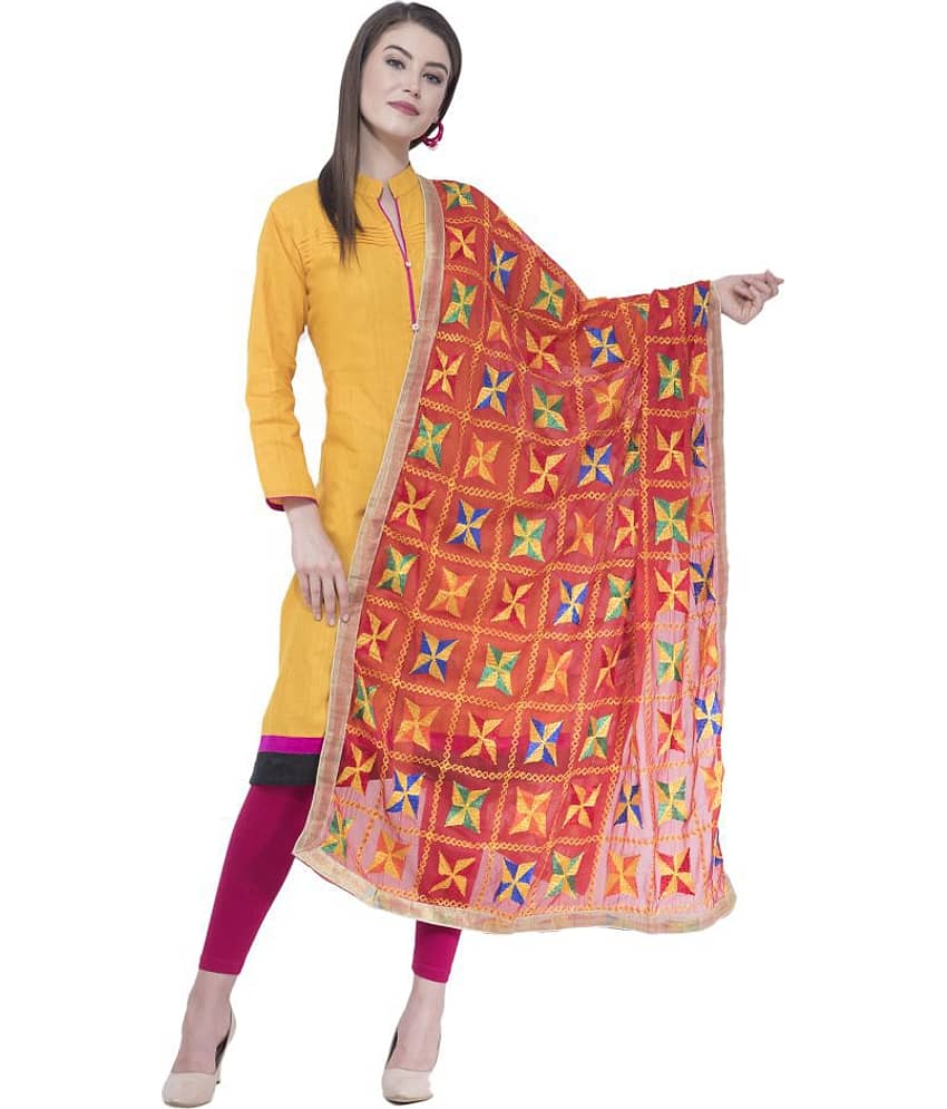 A R Silk Red Chiffon Hand Embroidered Dupatta