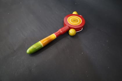 Wooden Baby Rattle, Red and Yellow Circular Design with Green Handle, Traditional Educational Musical Toy for Infants Wooden Baby Rattle, Red and Yellow Circular Design with Green Handle, Traditional Educational Musical Toy for Infants
