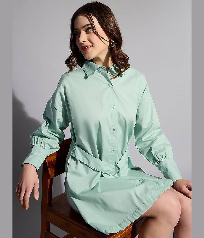 Freehand Women Cotton Solid Shift Dress ( Mint Green )