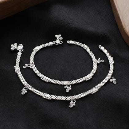 Real Silver Indian Cute Women Gifting CZ Anklets Ankle Pair 10.5"