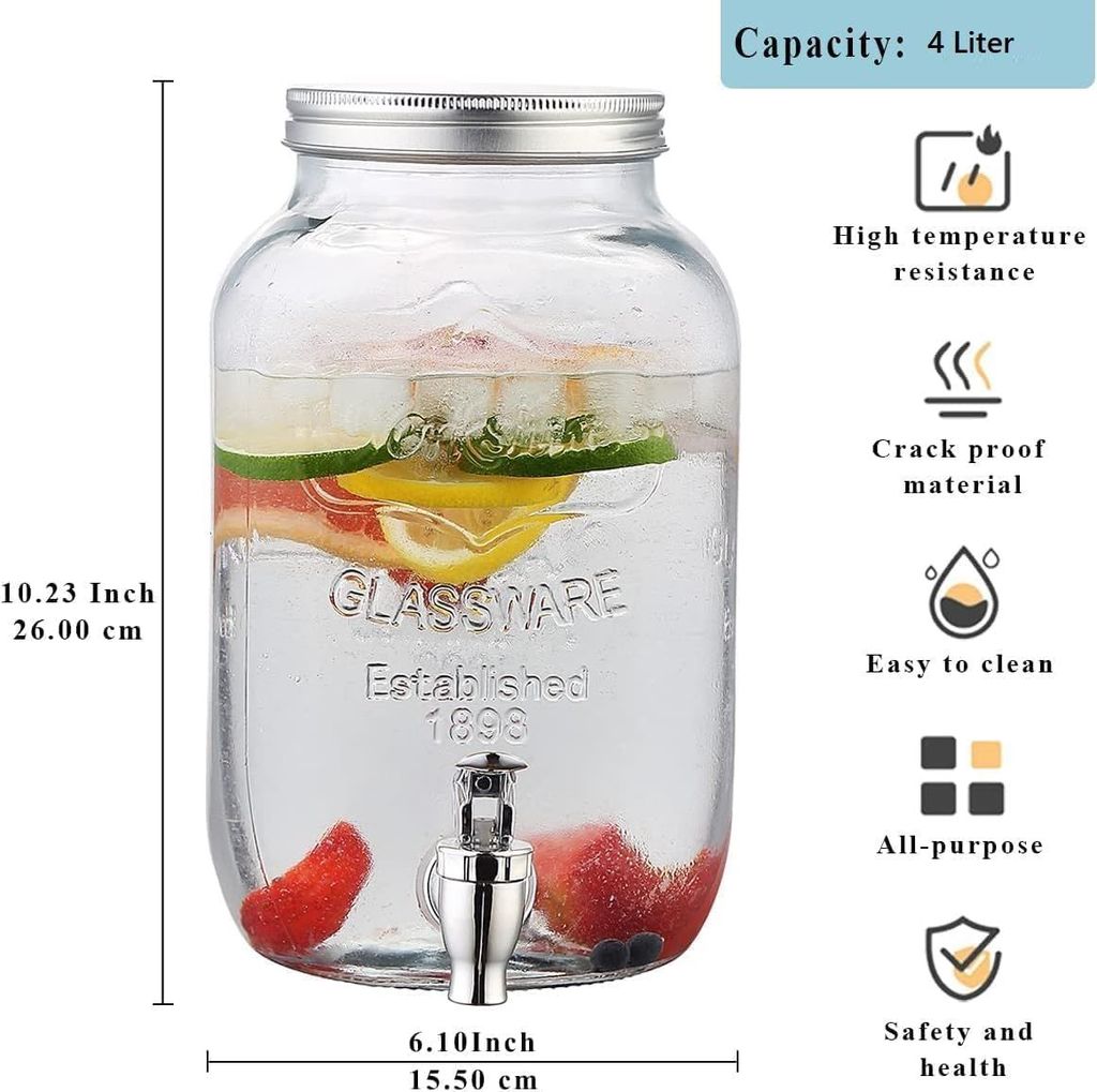 Glass Iced Drink Dispensers with Spout and Tap Steel Lid | Cold Beverage Dispenser for Beer, Water, Cocktails, and More | Capacity 3 litres