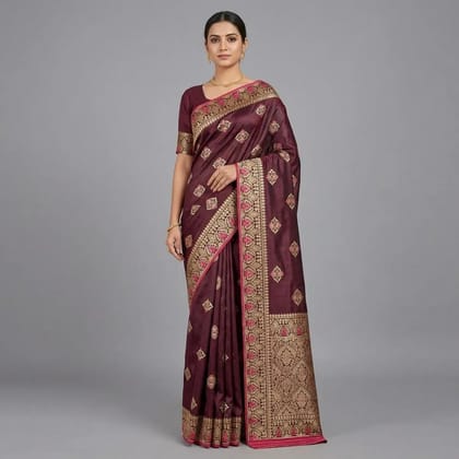 Burgundy Banarasi Satin Embroidered Golden Border Saree For Women