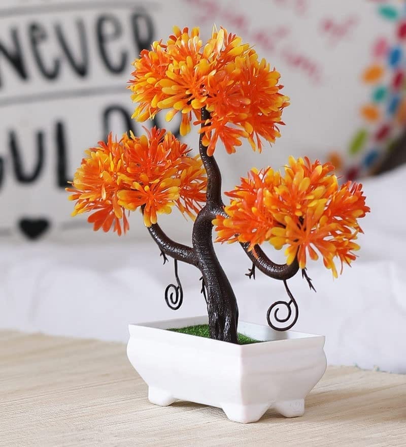 FOLIYAJ S Shaped Artificial Bonsai Tree with Orange and Yellow Leaves