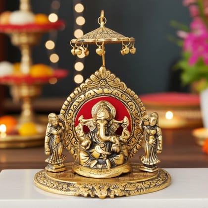 Aluminium Ganesh Ji Idol With Riddhi Siddhi – Gold Finish Showpiece, Height : 8.5 Inch (ASMAS133 G)