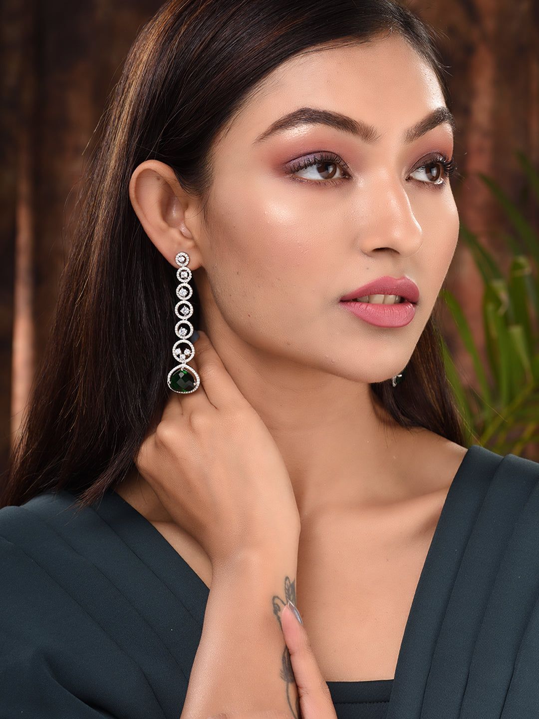White Rhodium Plated Green AD studded Drop Earrings