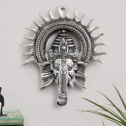 Dreamkraft Ganesh Idol with Surya Chakra Wall Hanging | Silver Ganpati Murti for Home Decor, Mandir, Gift, Pooja Room, Rajasthani Handicraft Showpiece for Diwali, Anniversary, Office & Wall Art