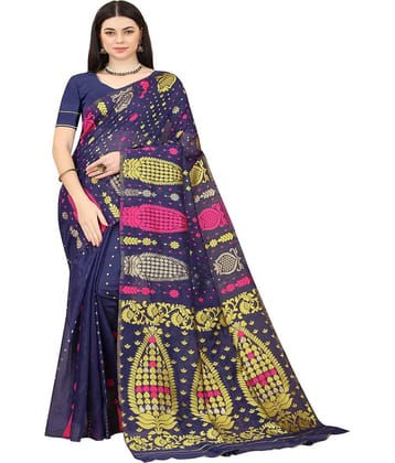 NENCY FASHION Cotton Printed Saree With Unstitched Blouse Piece ( Navy Blue )