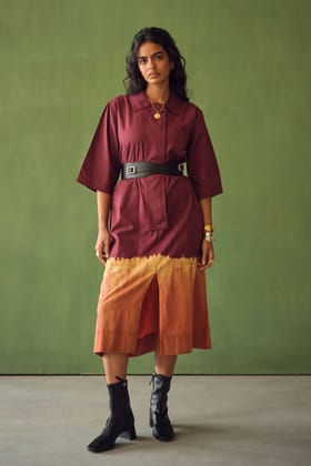 BURNT SHIFT DRESS-MAROON-XS
