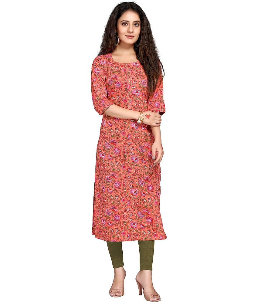 wonder weave Pack of 1 Cotton Printed Straight Women's Kurti - ( Orange )