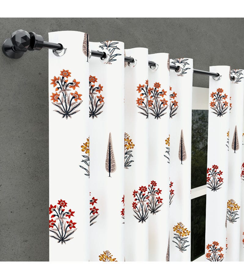 Jaipuri Boota Print Curtains Pink Mustard Floral & Brown Leaf Design / 100% Cotton ( 7 feet )